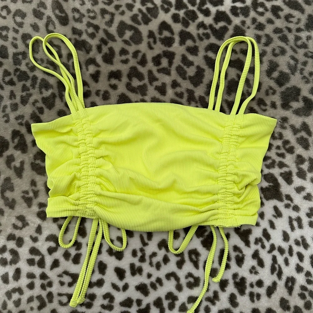 Aerie Ruched Ribbed Longline Bandeau Bikini Top in Yellow Infusion Size Small